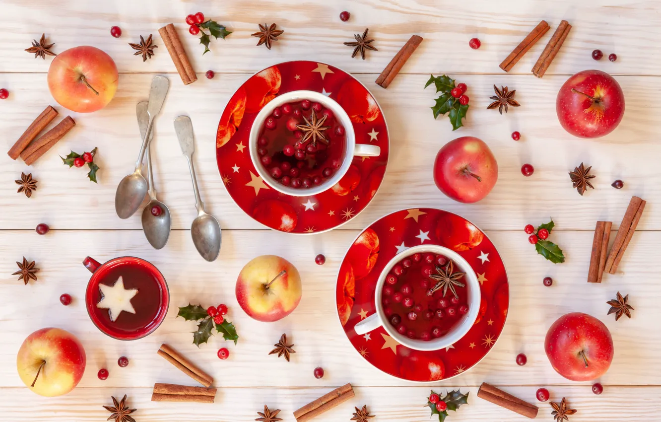 Фото обои ягоды, яблоки, Рождество, фрукты, корица, Christmas, winter, cup