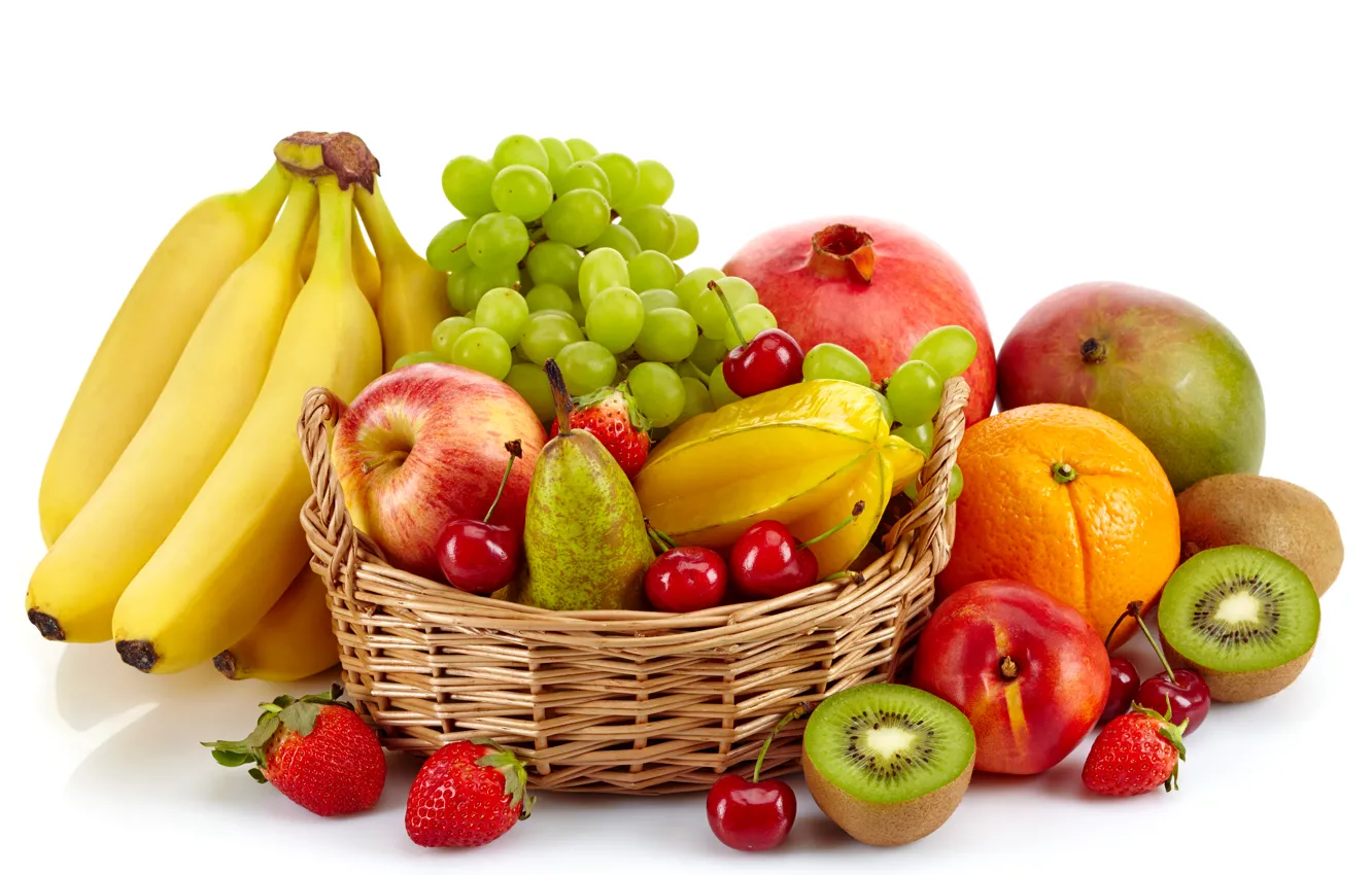 Фото обои вишня, ягоды, корзина, яблоки, апельсин, киви, клубника, виноград