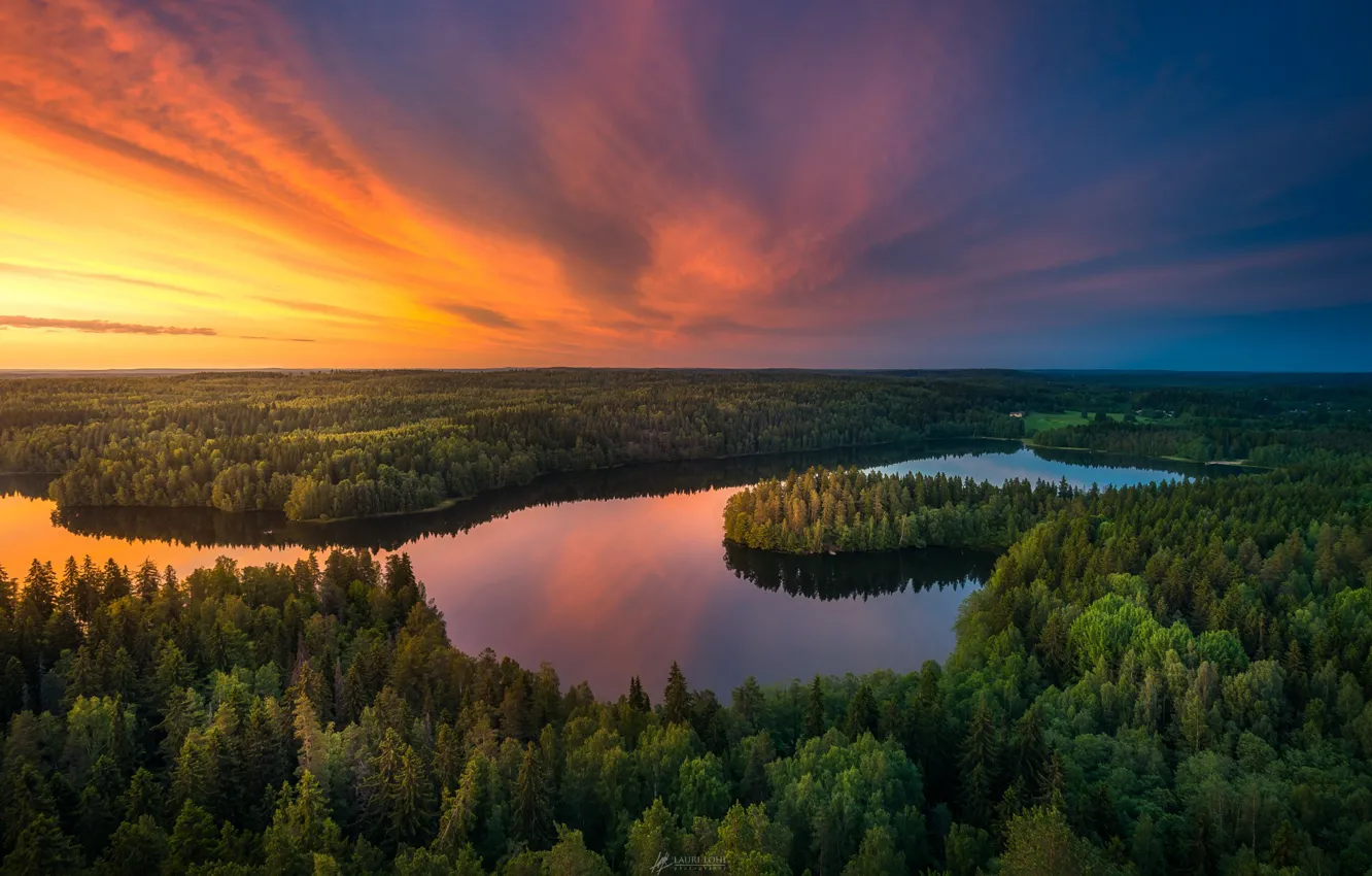 Фото обои лес, небо, закат, озеро, река