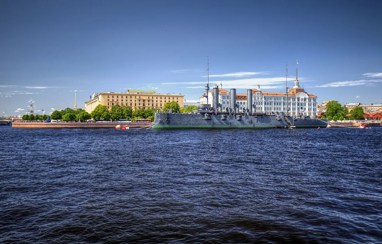 Фото обои небо, солнце, река, корабль, дома, Санкт-Петербург, Аврора, Россия