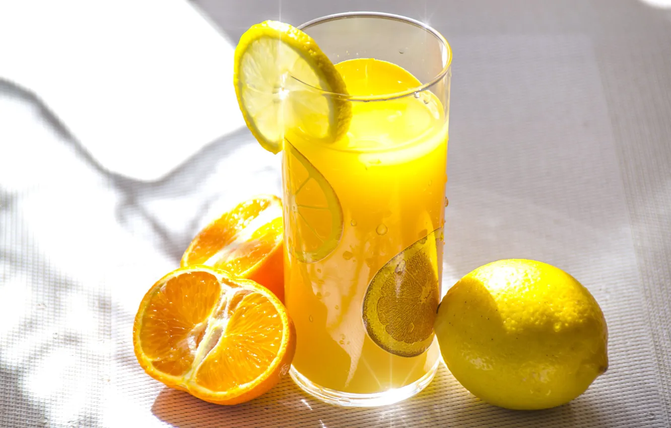 Фото обои стакан, лимон, апельсин, фрукты, цитрусовый сок