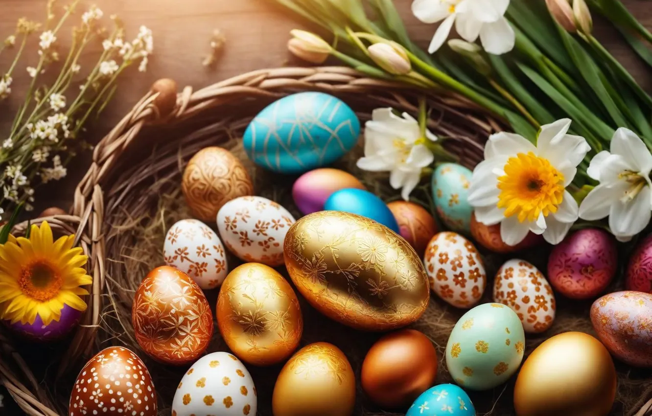 Фото обои цветы, яйца, весна, colorful, Пасха, flowers, spring, Easter