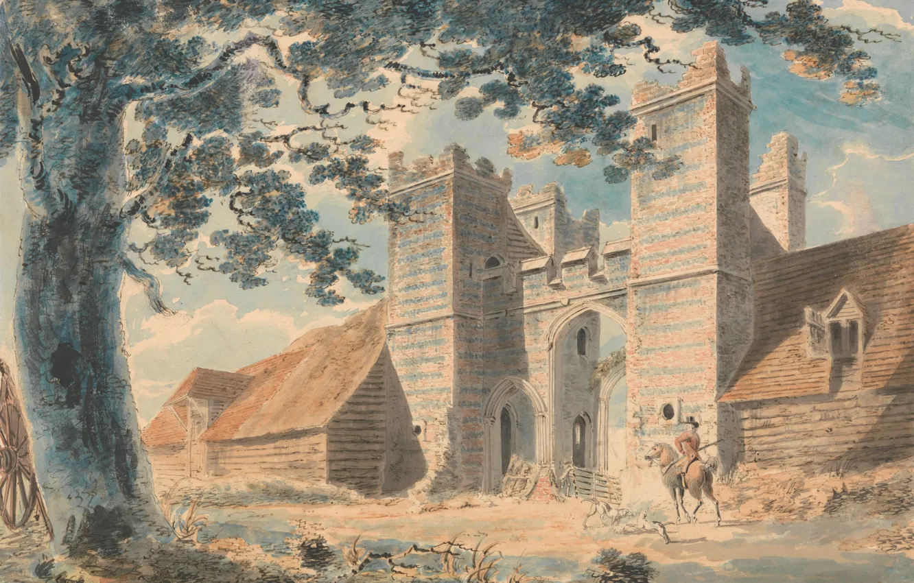 Фото обои пейзаж, город, дерево, картина, ворота, акварель, всадник, Уильям Тёрнер