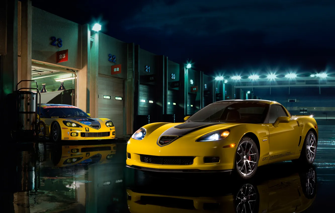 Фото обои отражение, фонари, corvette, шевроле, корвет, z06, gt1, поддок