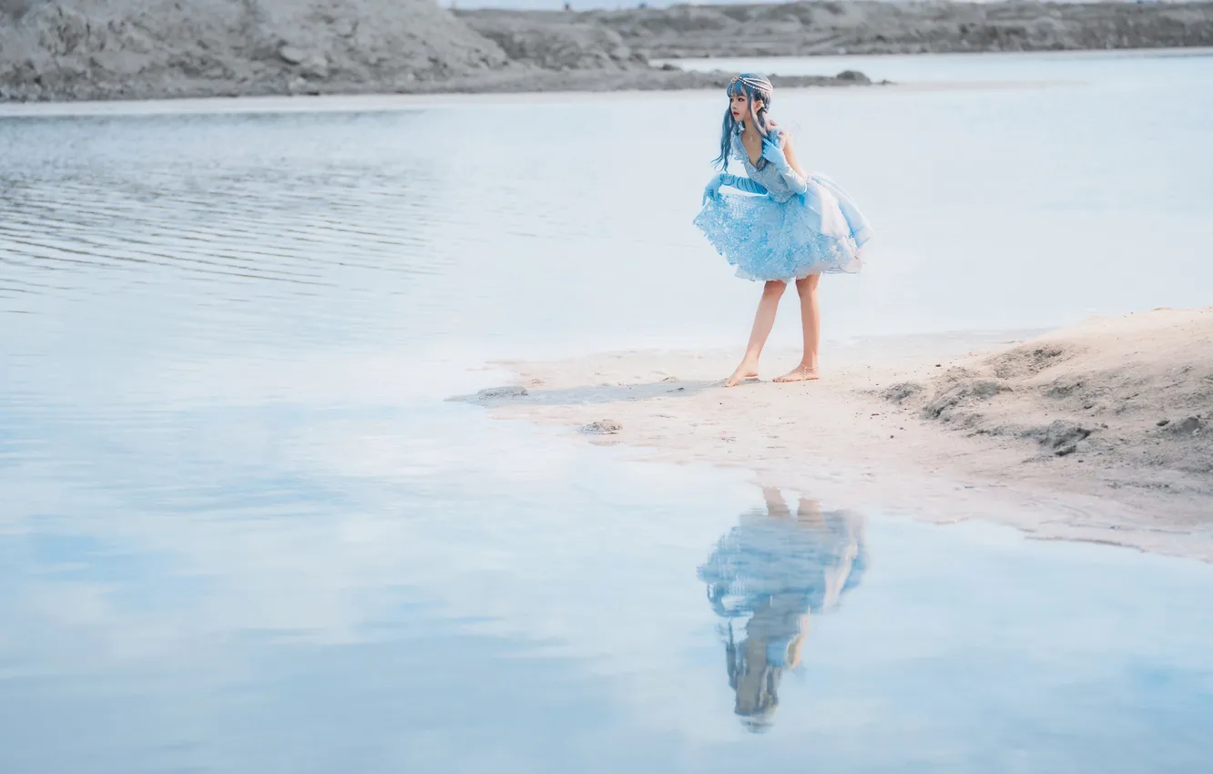 Фото обои Beautiful, Asian, Model, Water, Mountain, Pearls, Woman, Lake