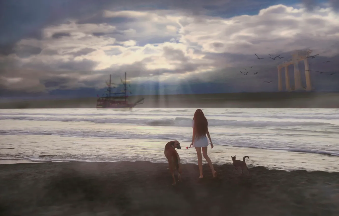 Фото обои кошка, девушка, фантазия, берег, корабль, собака