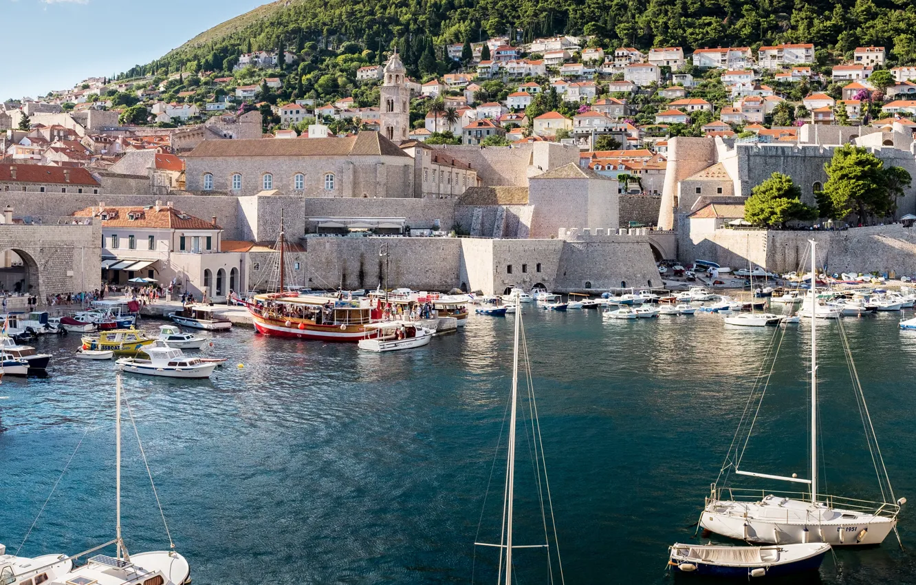 Фото обои Дома, Город, Панорама, Яхты, Хорватия, Дубровник, Dubrovnik, Катера