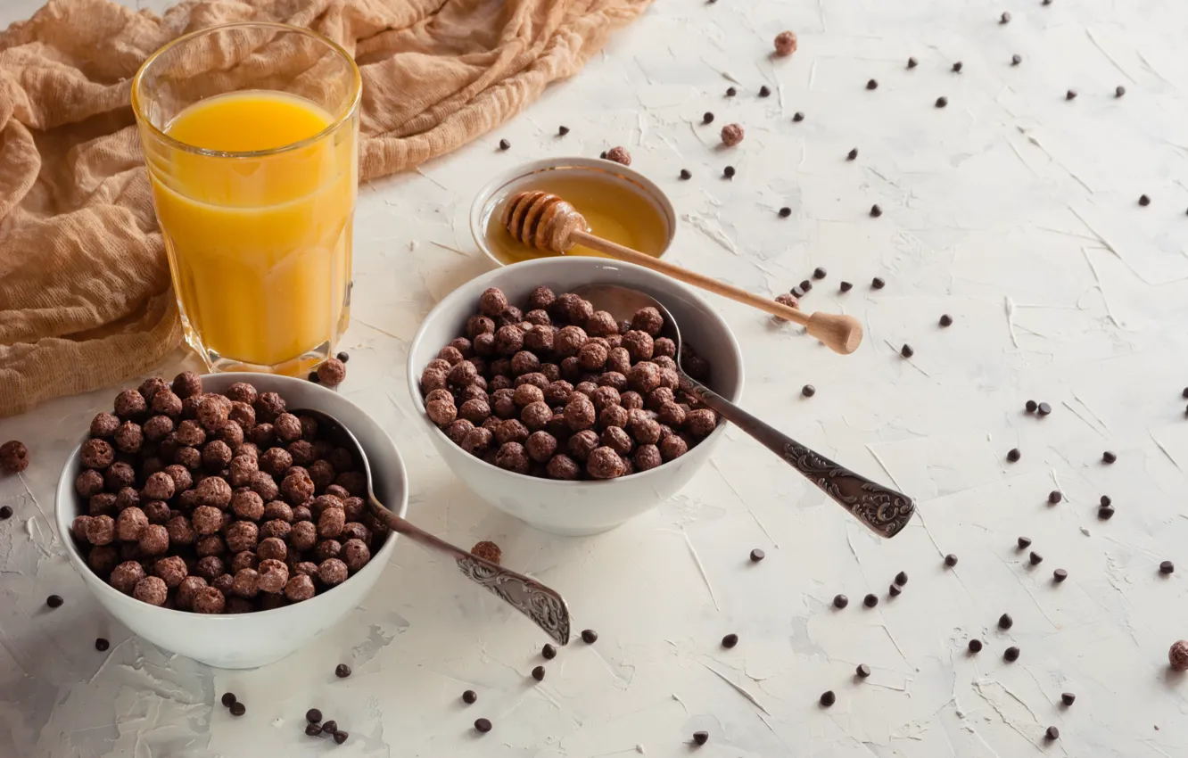 Фото обои еда, завтрак, сок, мед, шоколадные шарики