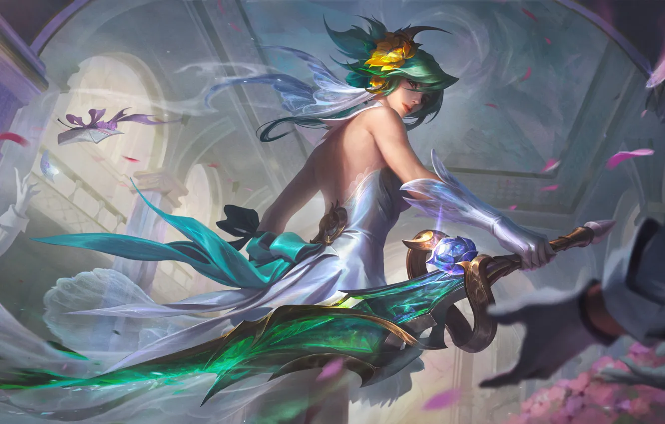 Фото обои оружие, игра, зал, зеленые волосы, персонаж, League of Legends, LOL, Лига Легенд