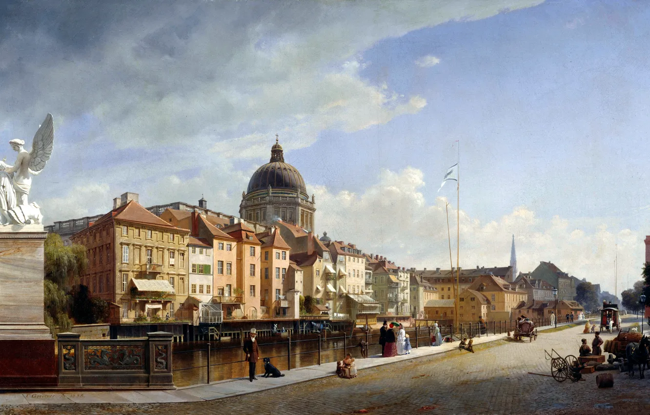 Фото обои картина, живопись, painting, 1855, Rear View of the Houses at Schloßfreiheit, Ansicht der Rückfront der …