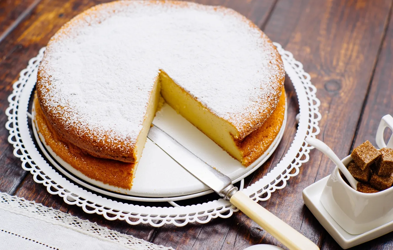 Фото обои пирог, нож, сахар, выпечка, сахарная пудра, лимонный
