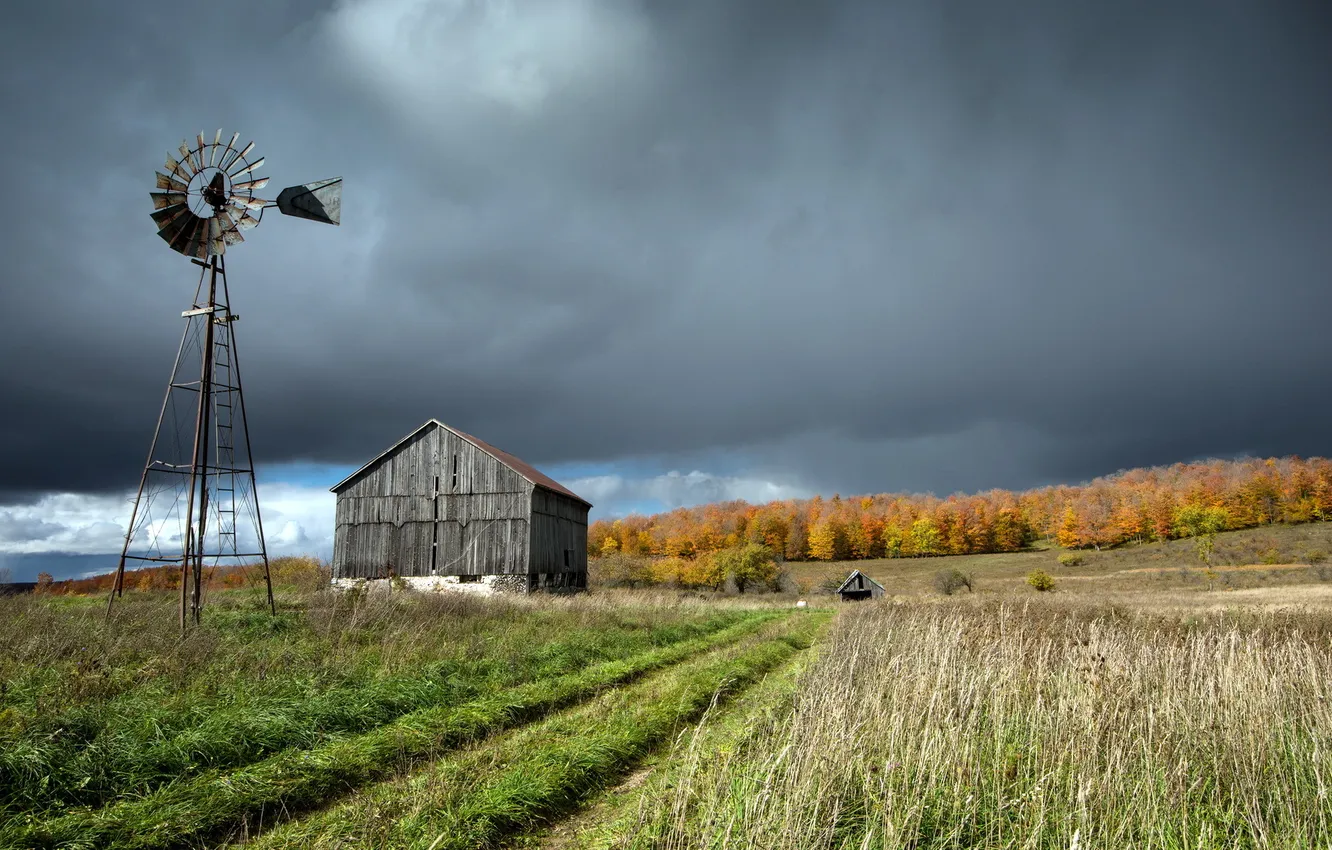 Фото обои поле, осень, пейзаж, дом, ветряк