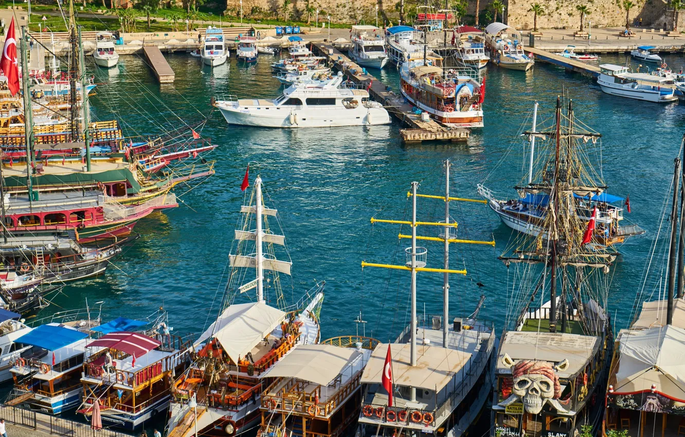 Фото обои город, пристань, корабли, набережная, Турция, Turkey, Antalya, Анталья
