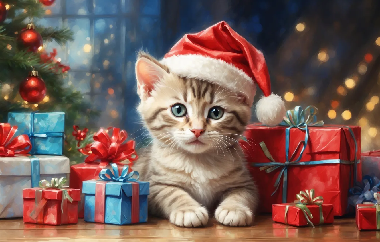 Фото обои кошка, взгляд, шарики, ветки, поза, котенок, рисунок, котик