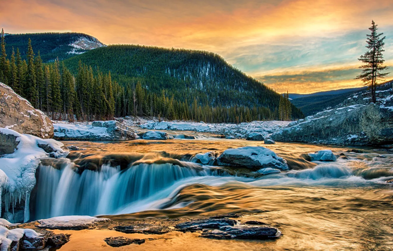 Фото обои лес, закат, горы, природа, река, водопад, Канада