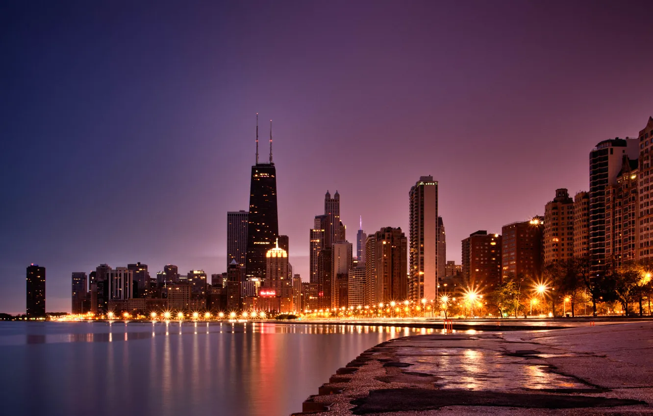 Фото обои город, берег, небоскребы, Чикаго, высотки, Иллиноис