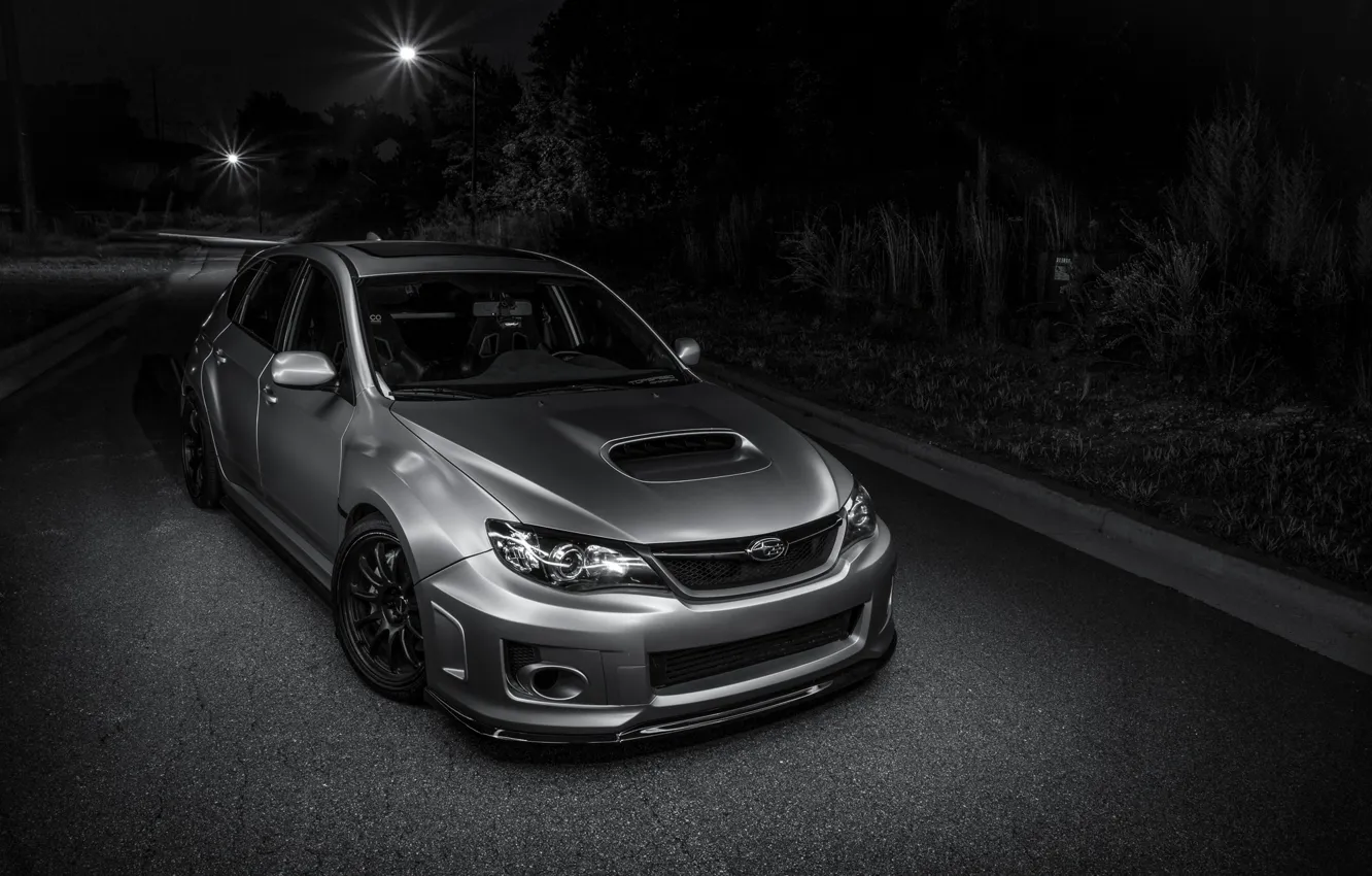 Фото обои Subaru, light, silver, road, wrx, impreza, night, front