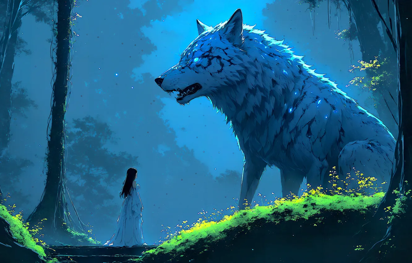 Фото обои girl, fantasy, forest, magic, trees, night, Wolf, moonlight