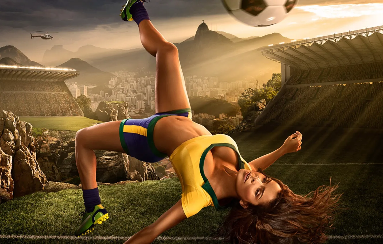 Фото обои мяч, красивая девушка, стадион, 2014, Brazil World Cup