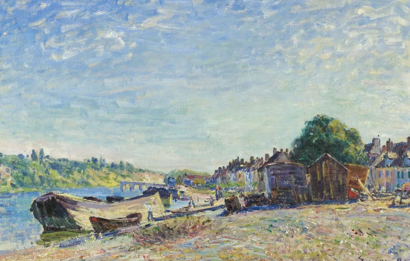 Фото обои пейзаж, река, берег, лодка, картина, Alfred Sisley, Альфред Сислей, Берега Луэна в Сен-Мамес