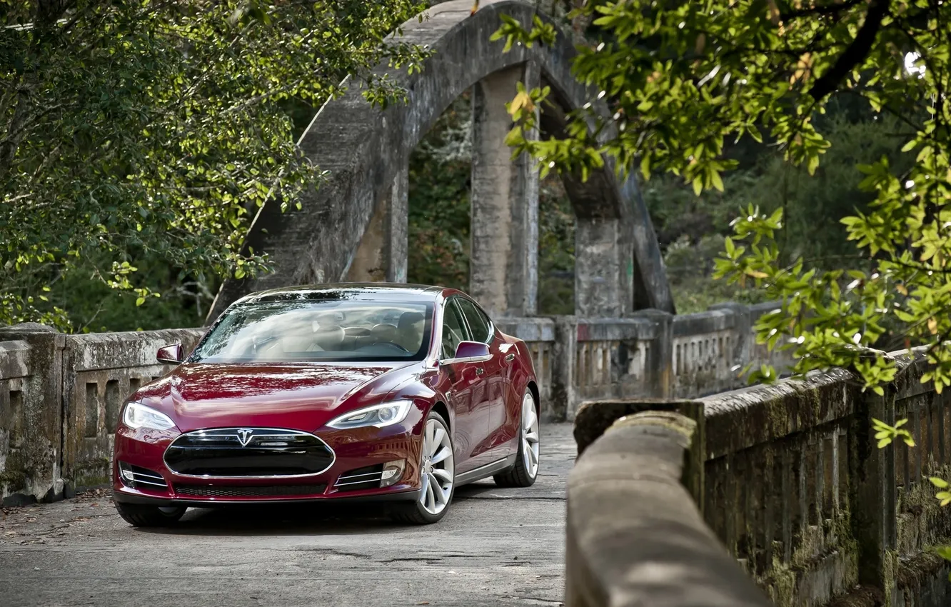 Фото обои деревья, красный, мост, седан, передок, Tesla, Тесла, Модель С