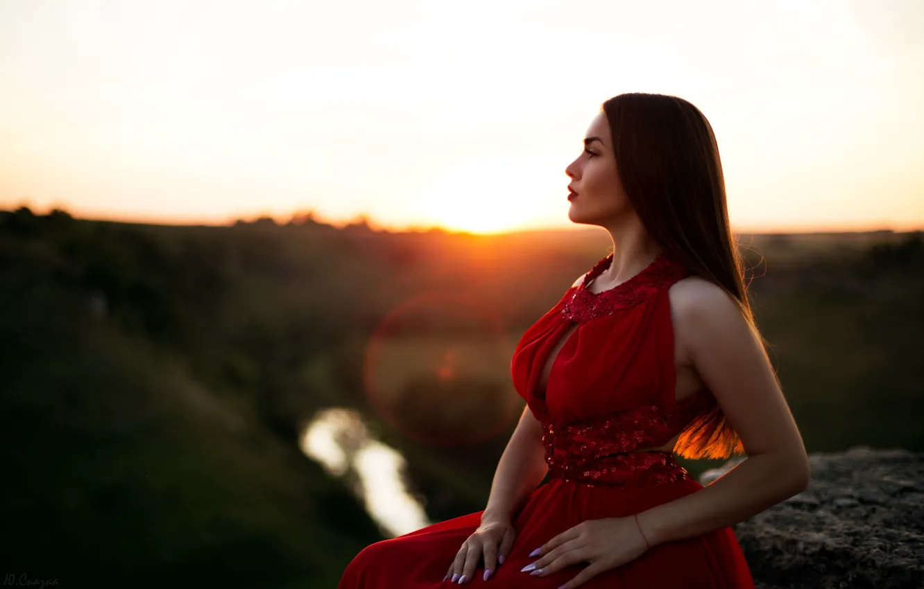 Фото обои закат, природа, волосы, Девушка, платье, Юлия Сказка