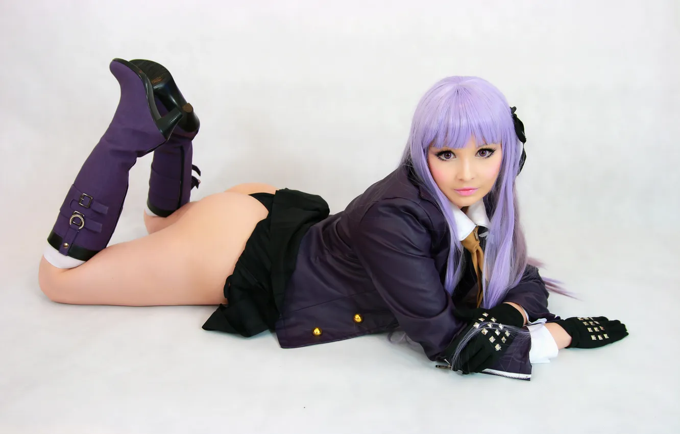 Фото обои school uniform, model, women, cosplay, black panties, purple hair, on the floor, Kirigiri Kyouko
