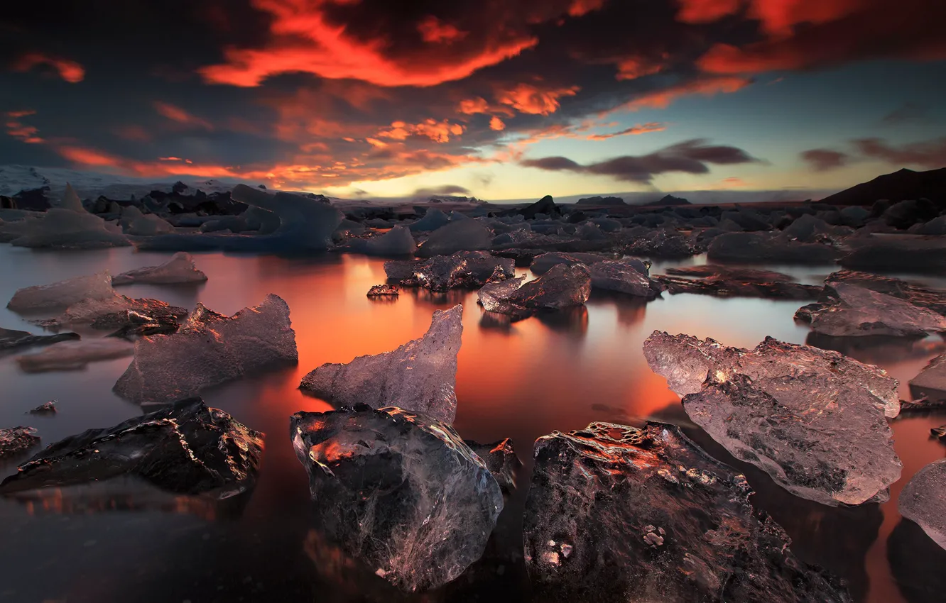 Фото обои облака, свет, закат, лёд, вечер, Исландия, фьорд