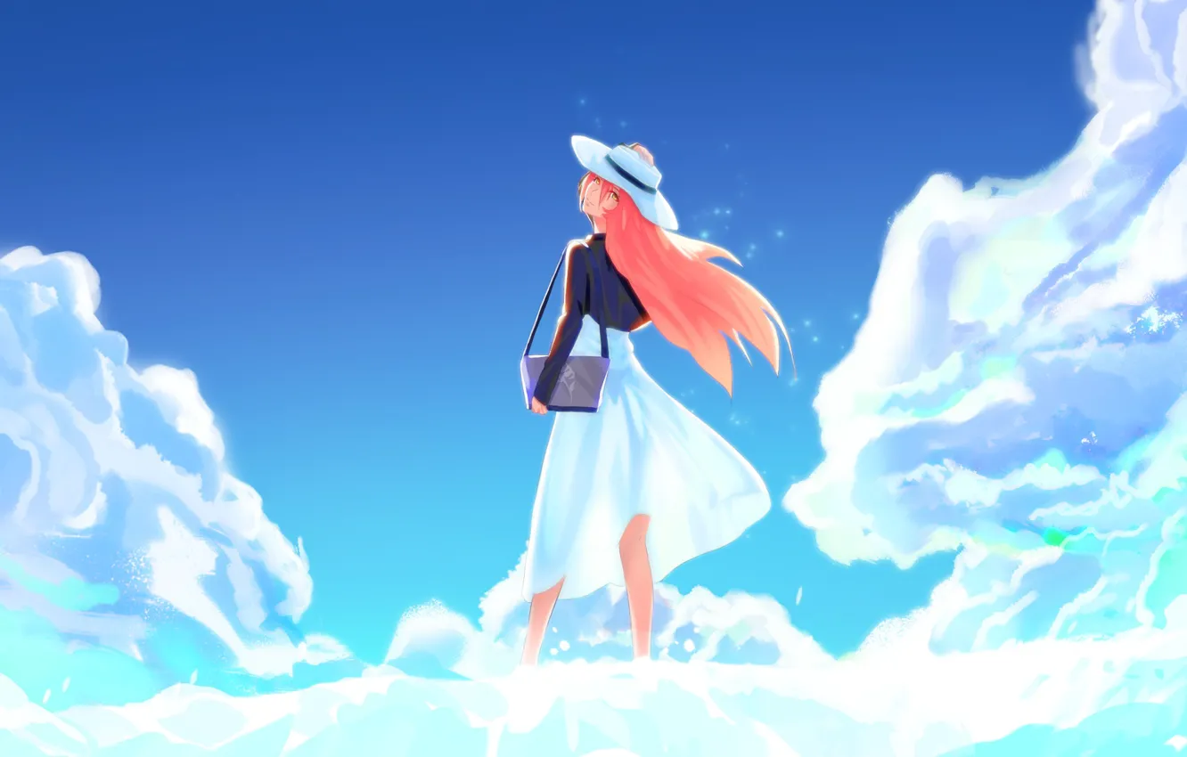 Фото обои лето, девушка, облака, шляпа