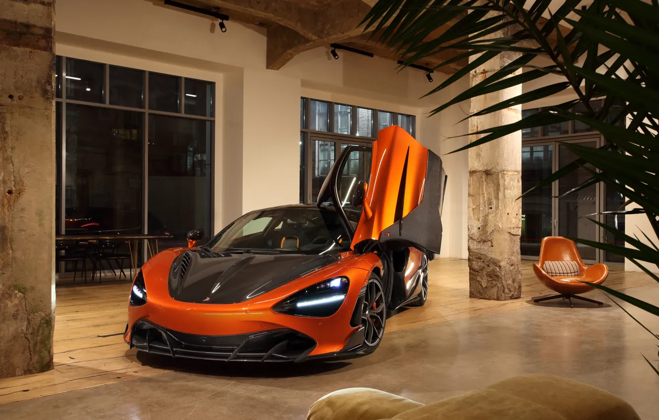 Фото обои McLaren, Light, Orange, Front, TopCar, 2020, McLaren 720S, Open Door