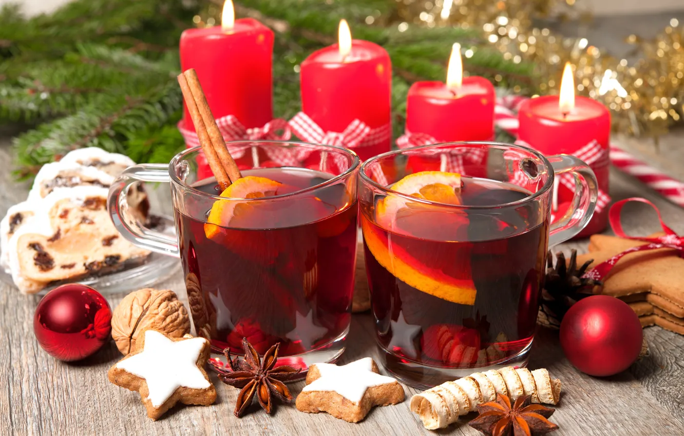 Фото обои шарики, свечи, Новый Год, печенье, Рождество, wine, orange, merry christmas