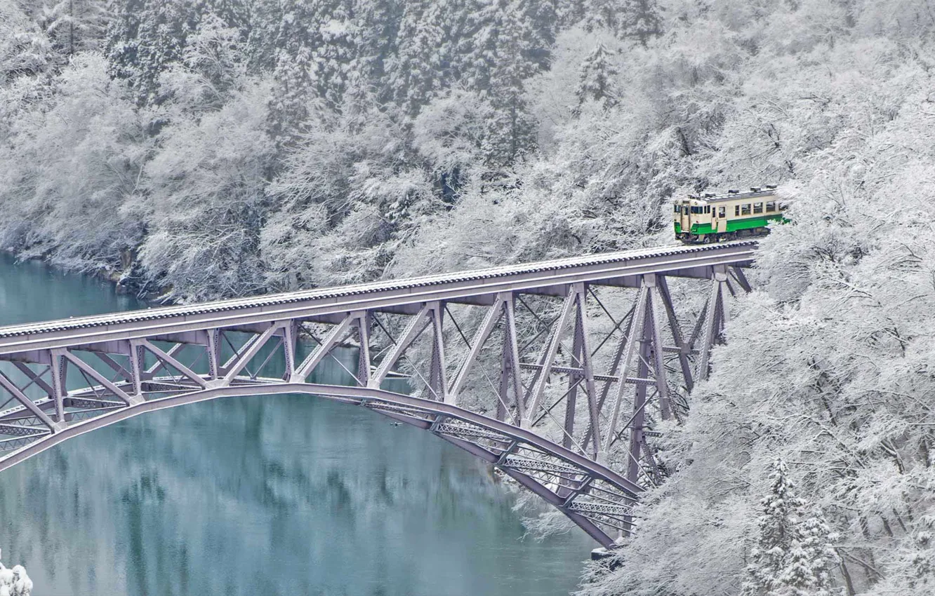 Фото обои зима, снег, деревья, мост, поезд, Япония, Тадами