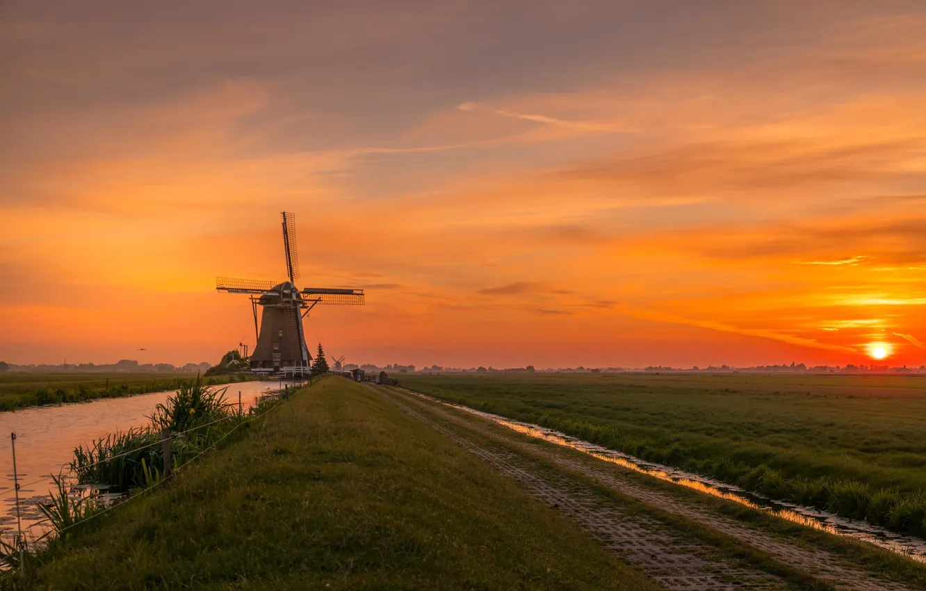 Фото обои закат, канал, зарево, Нидерланды, ветряная мельница