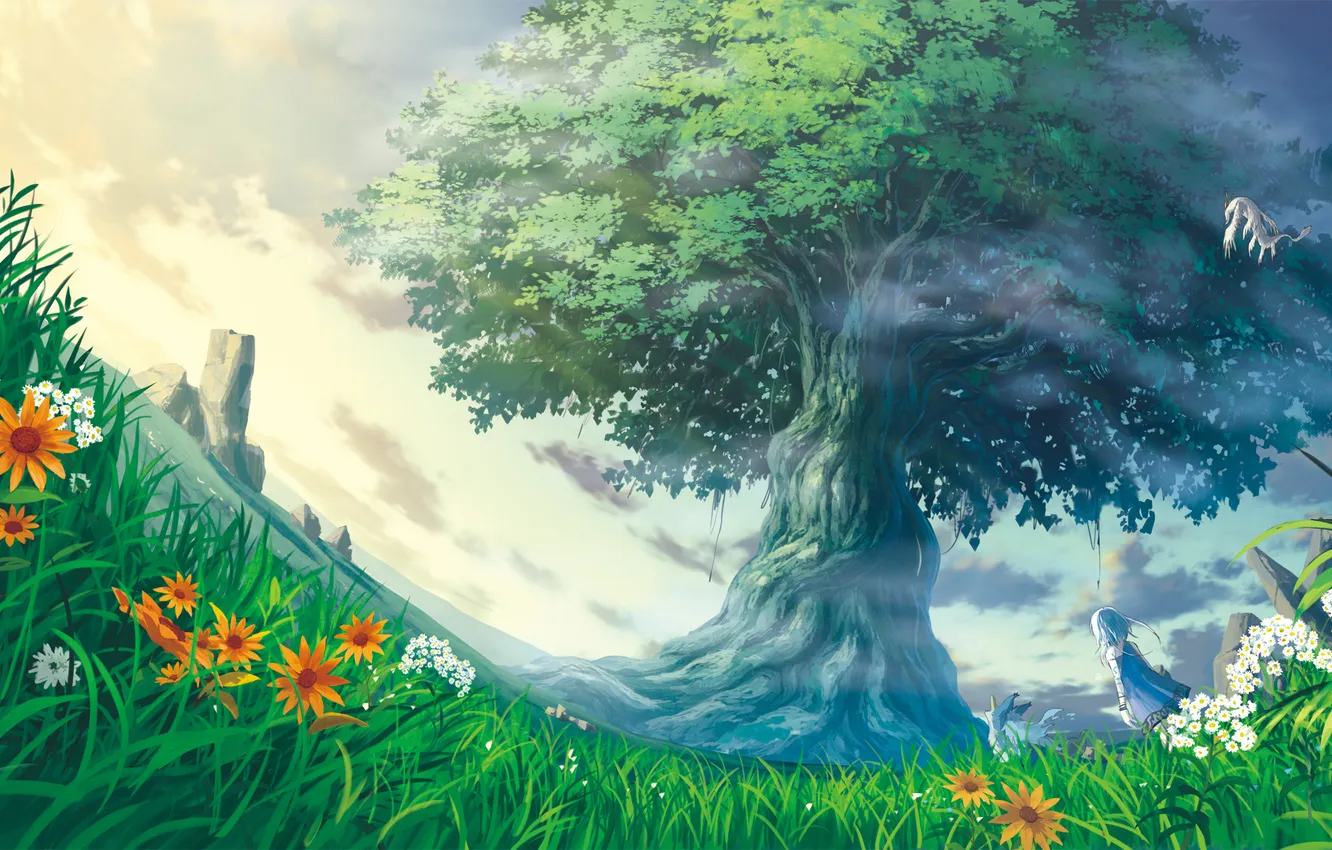Фото обои трава, пейзаж, цветы, камни, дерево, зверьки, арт, девочка