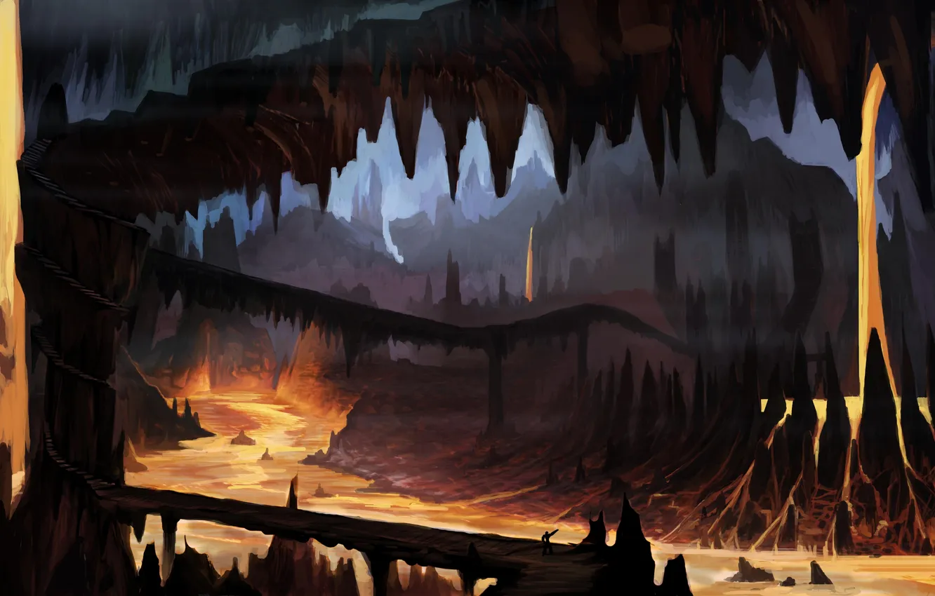 Фото обои мост, человек, силуэт, арт, лава, пещера, подземелье