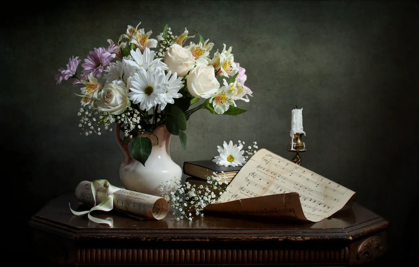 Фото обои ноты, розы, свеча, букет, хризантемы, альстромерия