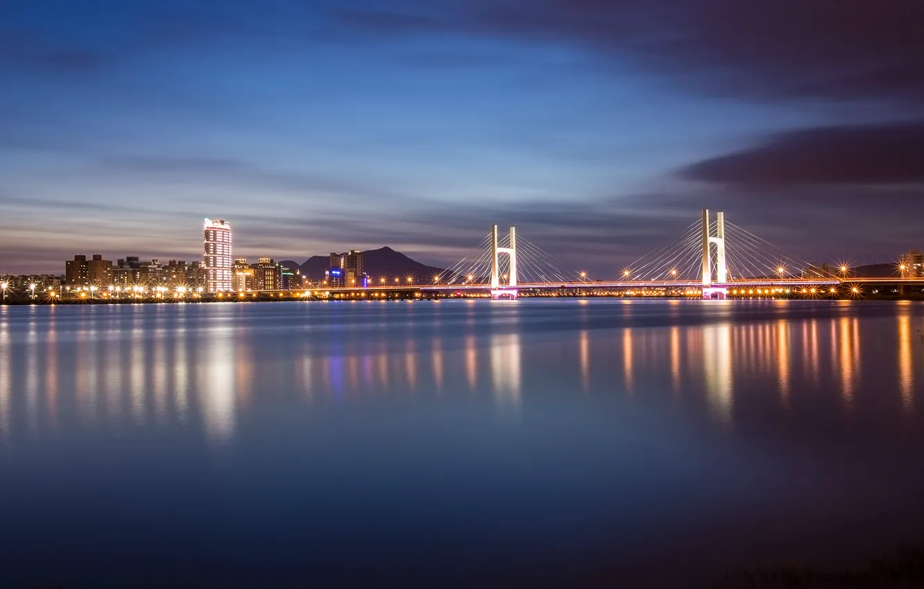 Фото обои ночь, мост, city, lights, огни, отражение, река, China