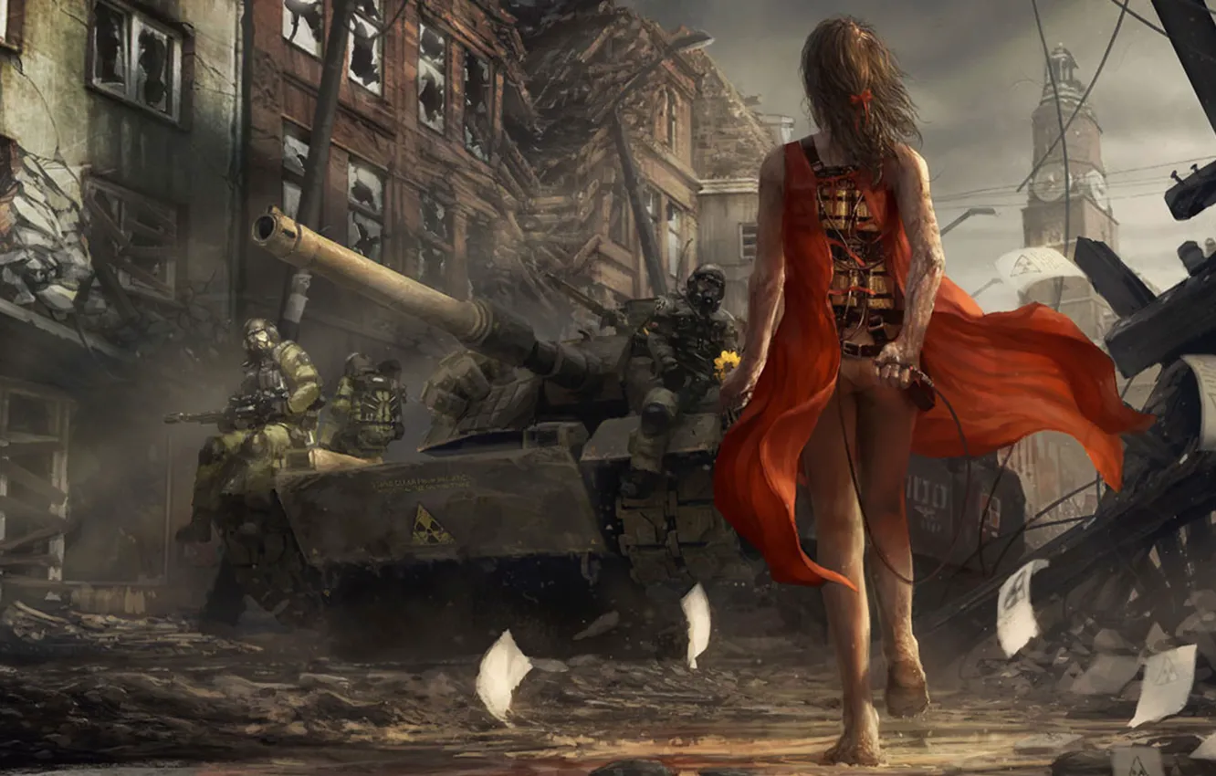 Фото обои девушка, солдаты, танк, инфекция, вирус, красное платье