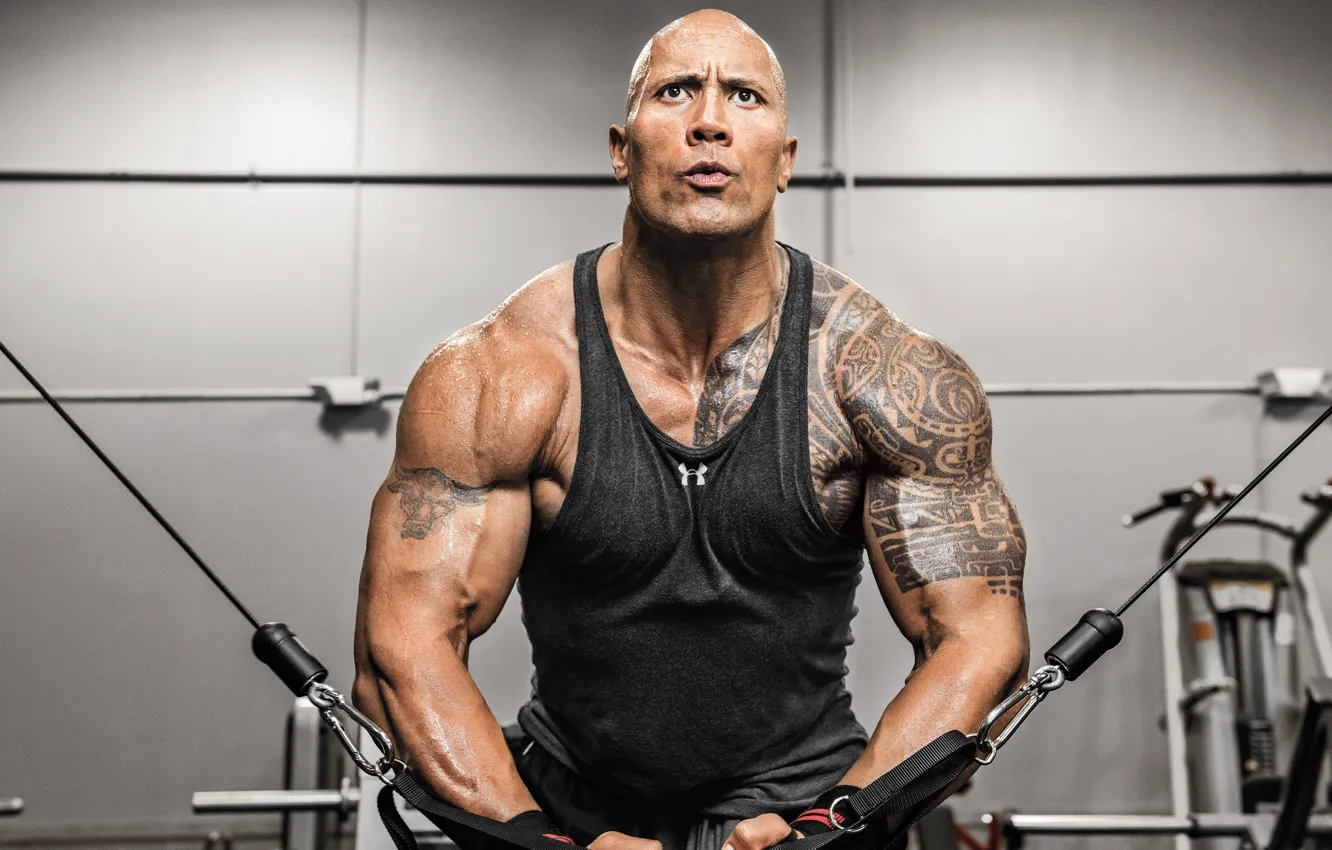 Фото обои machine, tattoo, Dwayne Johnson, the rock, workout, gym