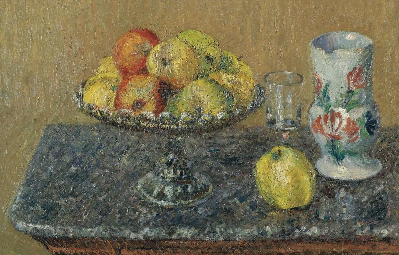 Фото обои картина, фрукты, натюрморт, Гюстав Луазо, Gustave Loiseau, Фруктовая Ваза с Яблоками и Кувшином