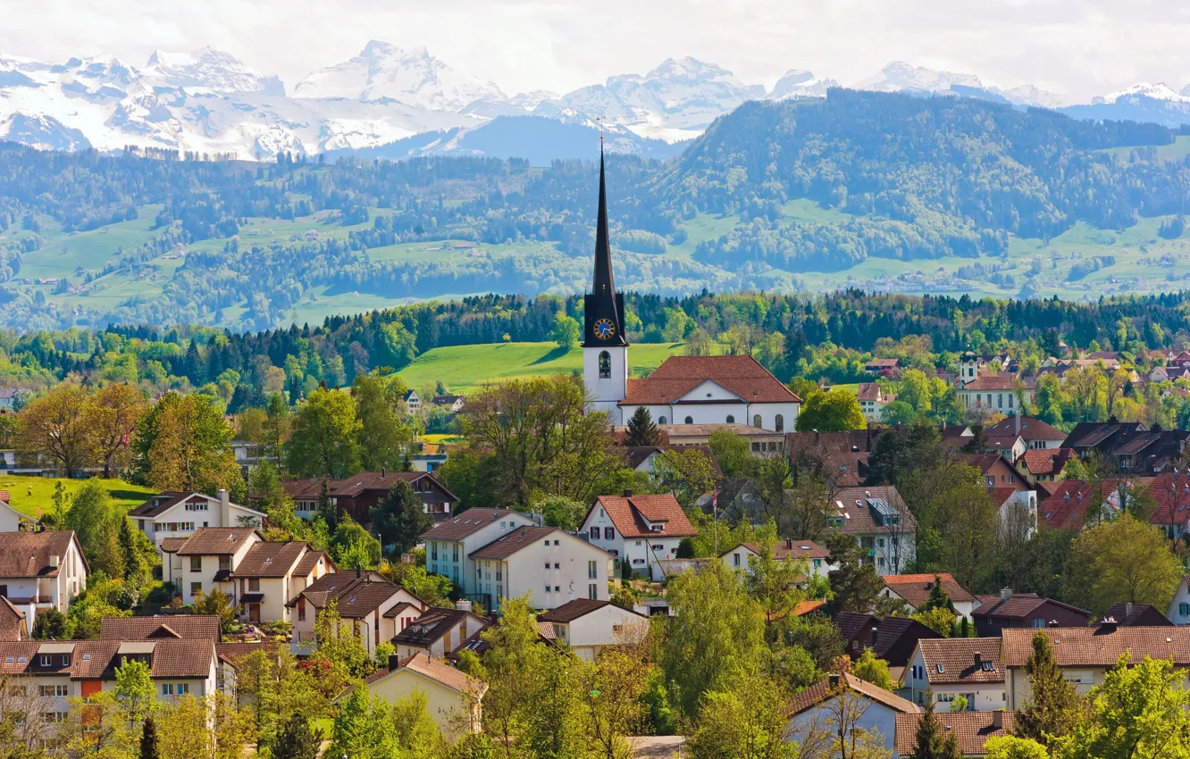 Фото обои деревья, горы, здания, дома, Швейцария, церковь, панорама, Switzerland