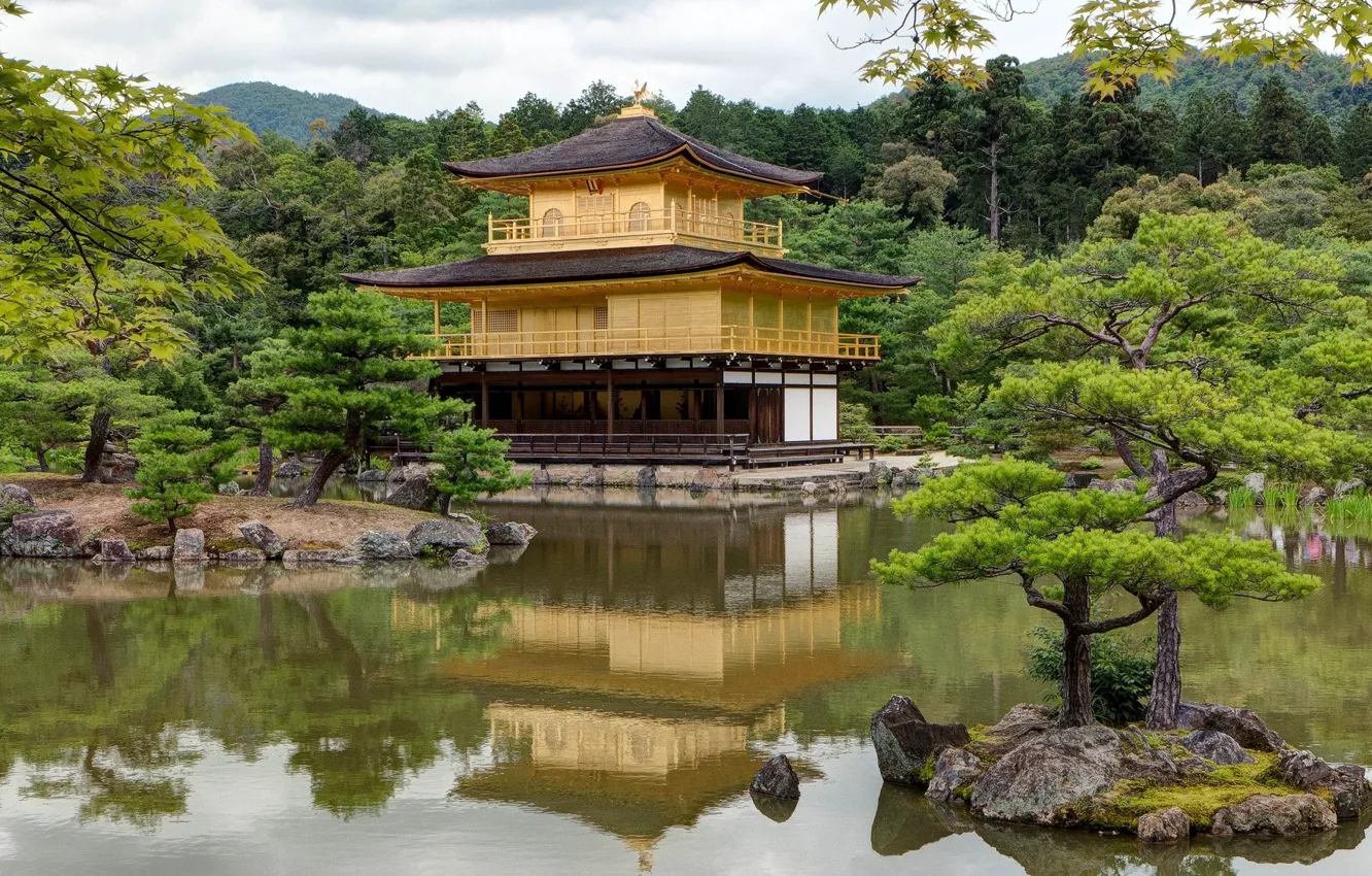 Фото обои озеро, парк, замок, Япония, островок, Киото