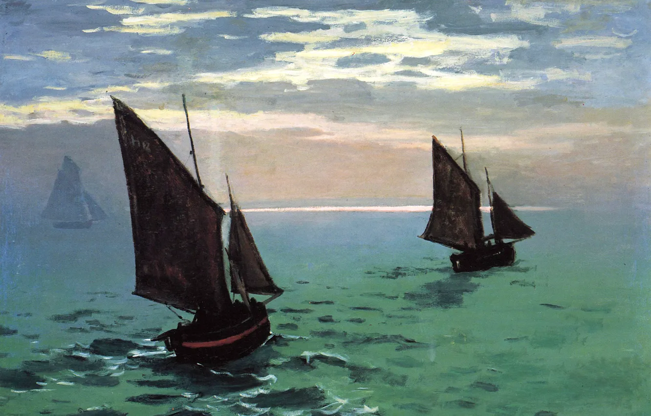 Фото обои небо, картина, парус, морской пейзаж, Клод Моне, Рыбацкие Лодки в Море