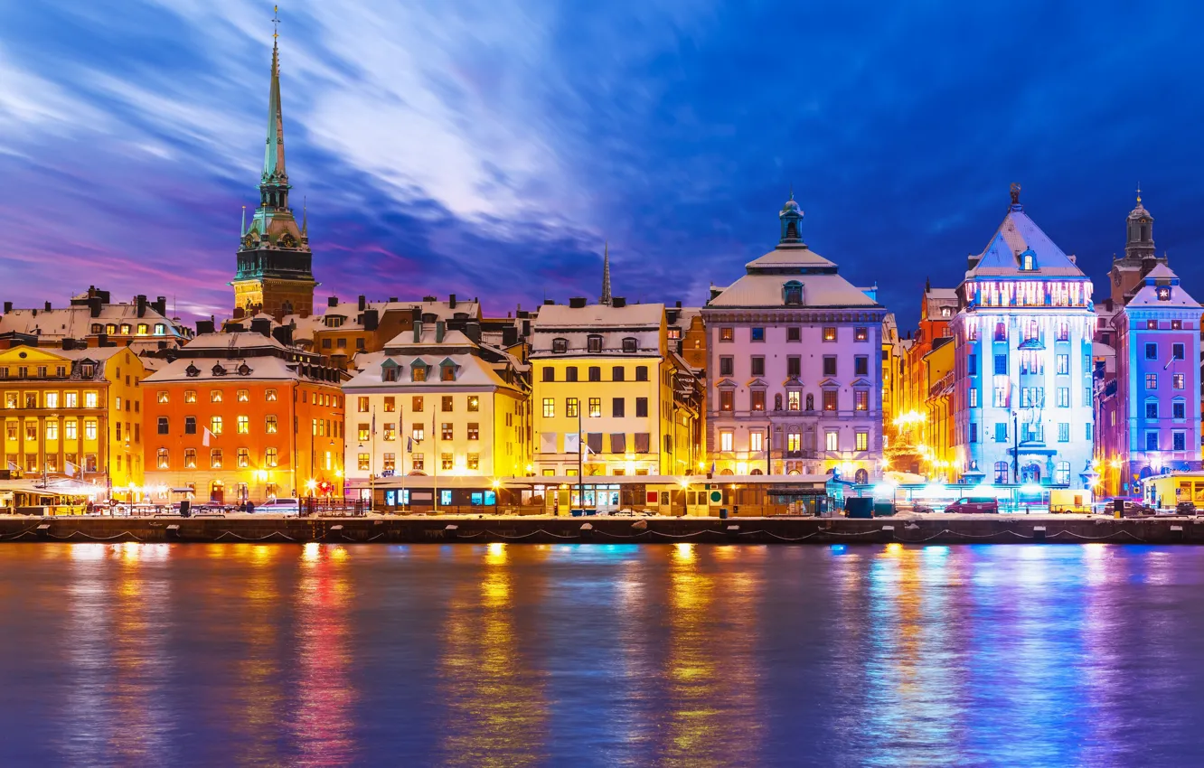 Фото обои здания, Стокгольм, Швеция, ночной город, набережная, Sweden, Stockholm