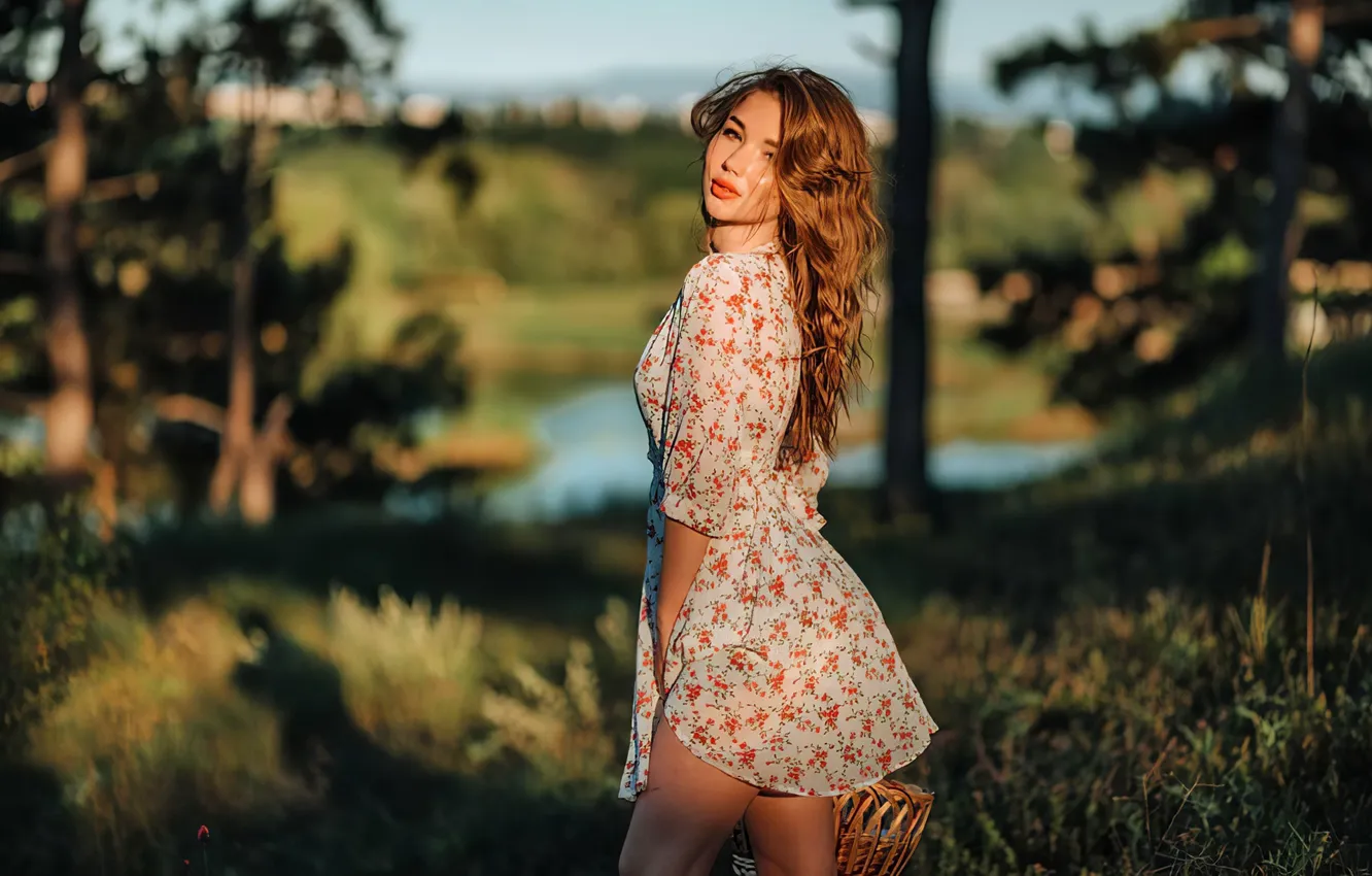 Фото обои девушка, grass, sky, dress, nature, lake, model, women