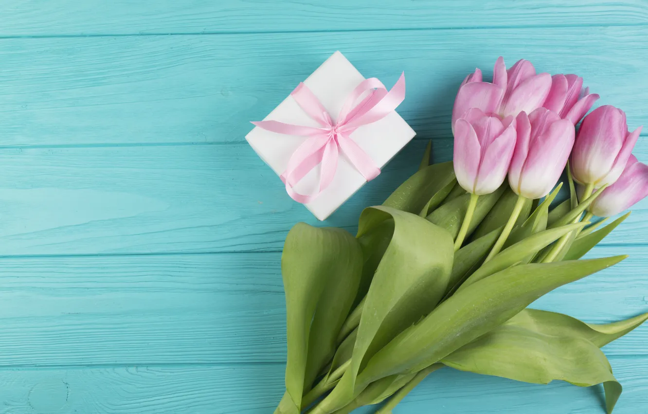 Фото обои цветы, подарок, букет, тюльпаны, розовые
