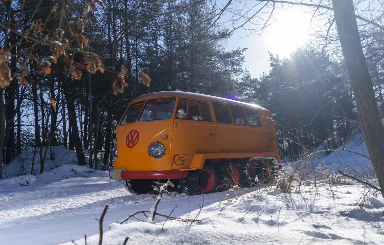 Фото обои Зима, Деревья, Германия, Снег, Volkswagen, Austria, 1962, Полугусеничный