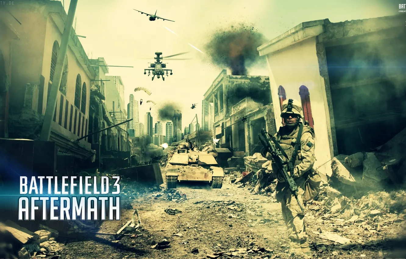 Фото обои город, солдат, вертолёт, самолёт, Battlefield 3, aftermath