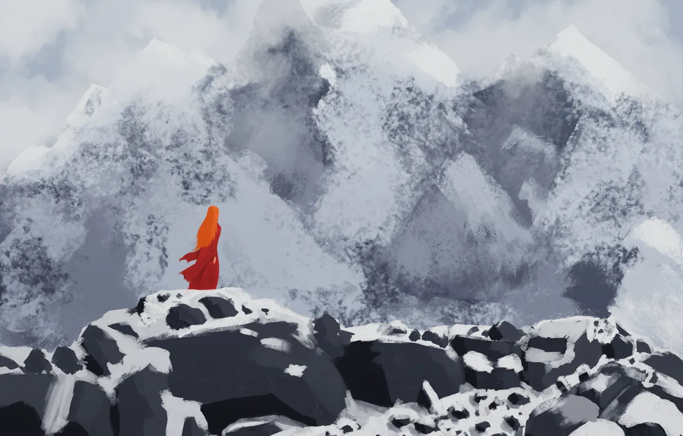 Фото обои Девушка, Горы, красное платье, девушка в горах