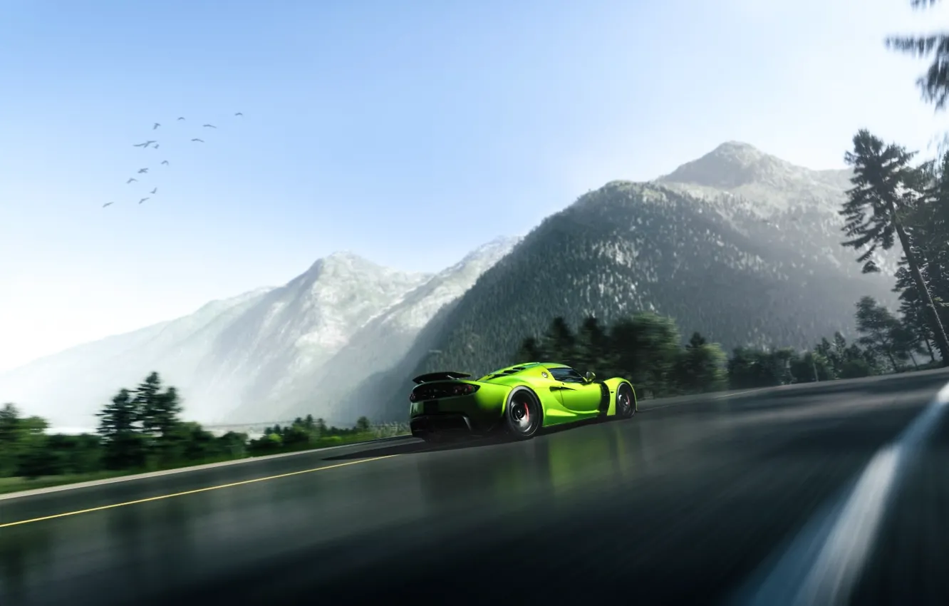 Фото обои Green, Mountain, Hennessey, Supercar, Venom, Rear